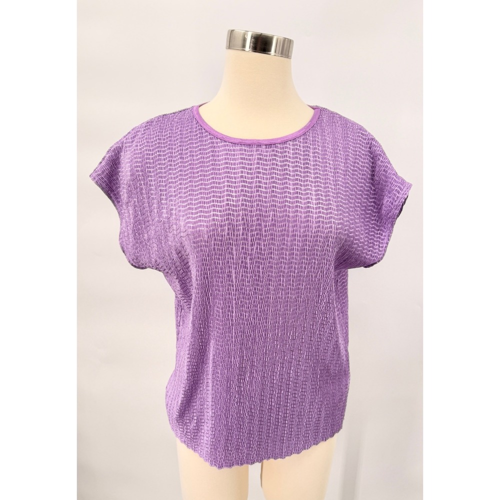 TanJay Petites Plisse Blouse Womens PL Purple Textured Cap Sleeve Top 46008813